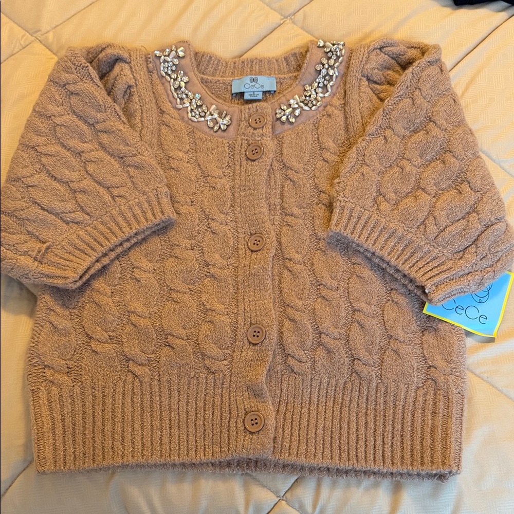 CeCe Women's Tan Cable Knit Cardigan with Embellished Neckline